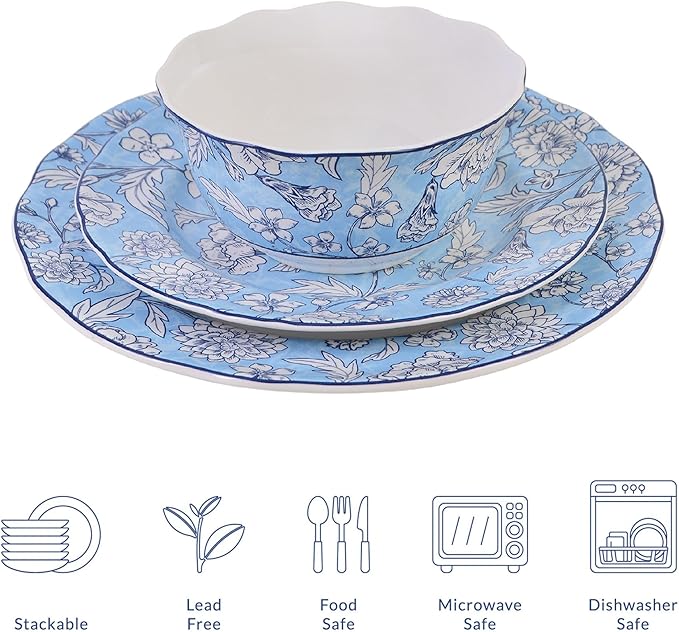 222 Fifth 12-Piece Porcelain Dinnerware Set for 4 White &amp Light Blue Plates and Bowls Set Glossy Ceramic Dish Set with Ornate Floral Design Kitchen Tableware Microwave &amp Dishwasher Safe C