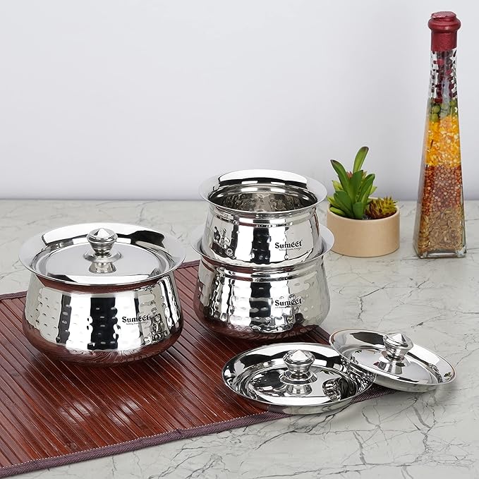 Sumeet Stainless Steel Handcrafted Hammered Texture Handi Set with Lid for Kitchen Set of 3 460ml 650ml &amp 950ml Silver