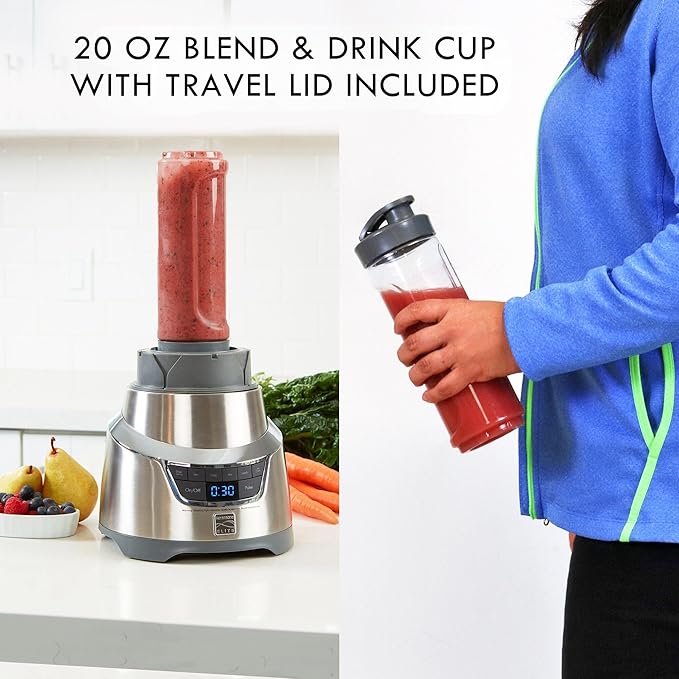 Kenmore Elite 1.3 HP 64 oz Blender With 20 oz Single-Serve Blending Cup Powerful Ice-Crushing Motor 8-Cup (1.9L) Tritan Pitcher 20 oz (600 mL) Travel Cup with To-Go Lid Grey and Stainless Steel