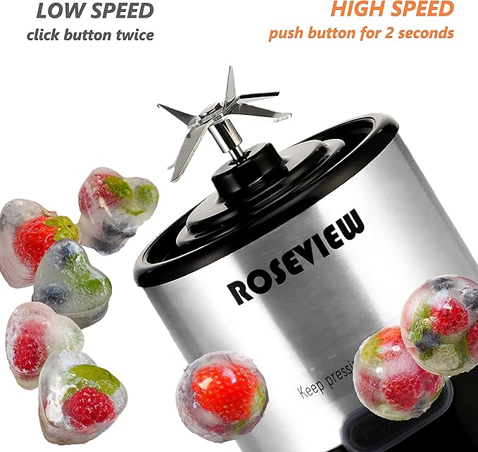 Portable Smoothie blender ROSEVIEW Glass bottle USB rechargeable mini Handheld Ice Shakes Cup 2 speed blend juicer Cordless Personal smoothies maker Fruit mixer (Steel)