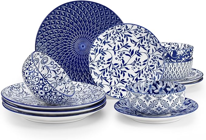 vancasso SELENE Plates and Bowls Set for 4 12 Pieces Dinnerware Sets Mircowave and Dishwasher Safe Dishes Set Porcelain Blue Dinnerware