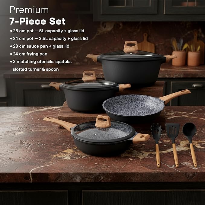 KOCHSTELLE 7-Piece Granite Cookware Set with Lids | Non-Stick Aluminum Pots and Pans Set with Wood Handles | Ceramic Pan Set + 3-Piece Silicone Utensils | Durable Cooking Set