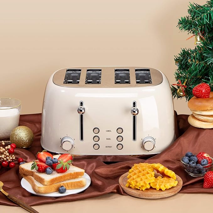 4 Slice Toaster Roter Mond Retro Stainless Steel with Bagel Defrost Cancel Function 6 Browning Settings Extre Wide Slot and Removable Crumb Tray Cream ST033