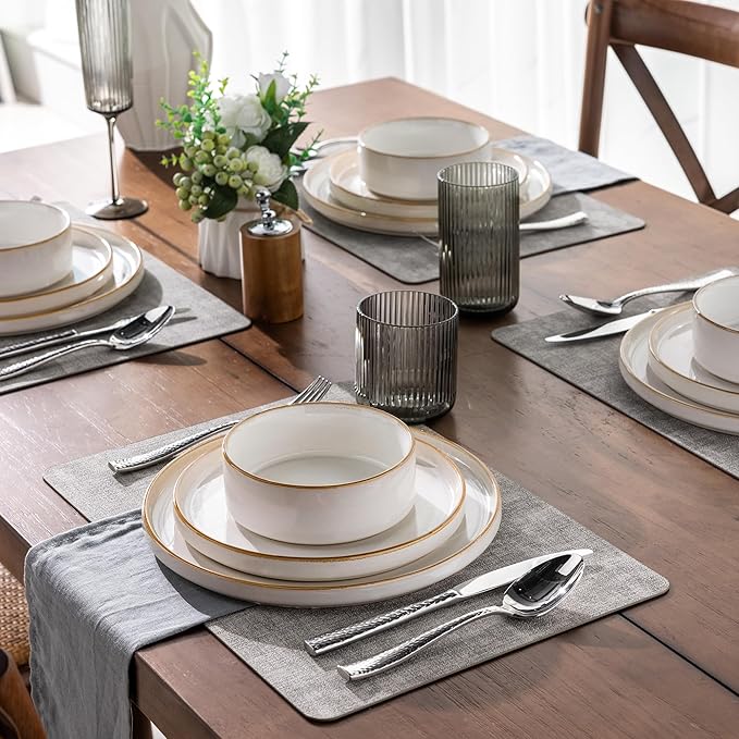 GBHOME Ceramic Dinnerware Sets for 4 12 Pieces Stoneware Plates and Bowls Sets Reactive Glaze Dishes -Scratch Resistant Dishwasher&ampMicrowave Safe-Pearl White