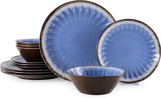 Melamine Dinnerware Sets 12 Pcs Plates and Bowls Sets Melamine Plates Outdoor Dishes Sets Unbreakable Dinnerware Serving Dishes for Entertaining Dishwasher Safe BPA Free (Classic Blue)
