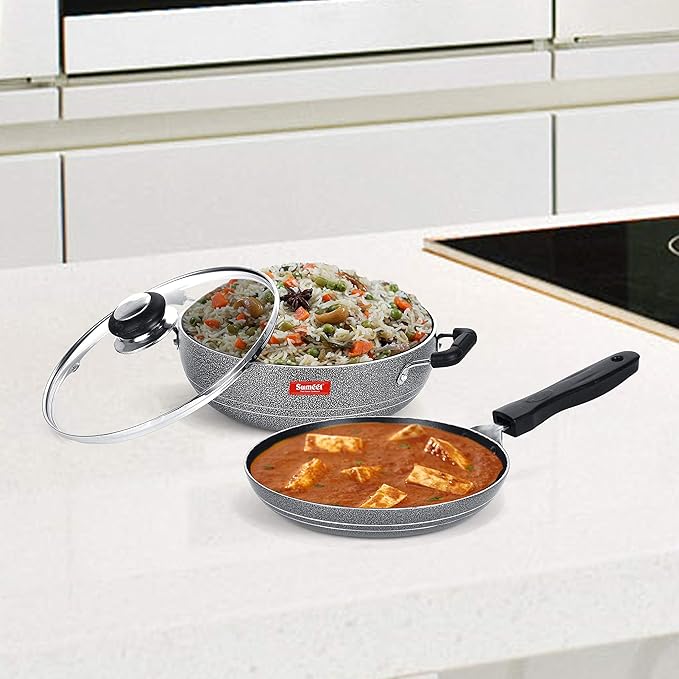 SUMEET Aluminium NonStick Kumush Cookware Set (Silver Kadhai with Glass Lid -2Ltr - 22Cm Tapper pan - 0.6Ltr - 20Cm Dia)