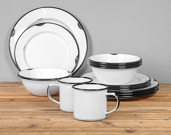 Red Co. 16-Piece Enamelware Metal Dinnerware Set for 4 Distressed White/Black Rim