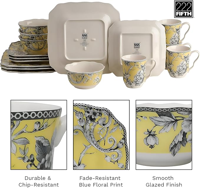 222 Fifth Adelaide 16-Piece Square Floral Dinnerware Set – Service for 4Yellow Porcelain Big Dinner Plates and Bowls Sets for Everyday Entertainment Microwave &amp Dishwasher Safe Chip Resistant