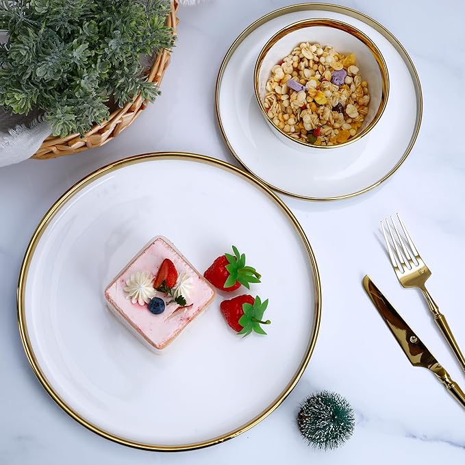 Premium Dinnerware Set 12-Piece with Gold Rim Service for 4White Bone China Porcelain Plates &amp Bowls Chip Resistant Oven &amp Dishwasher Safe for Fine Dining Set