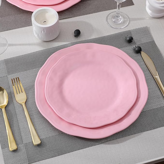 18 Piece Pink Dinnerware Set Lightweight Kitchen Dining Plates and Bowls Set Durable Melamine Dishes Set of 6 Unbreakable RV Camping Dishes Dishwasher Safe