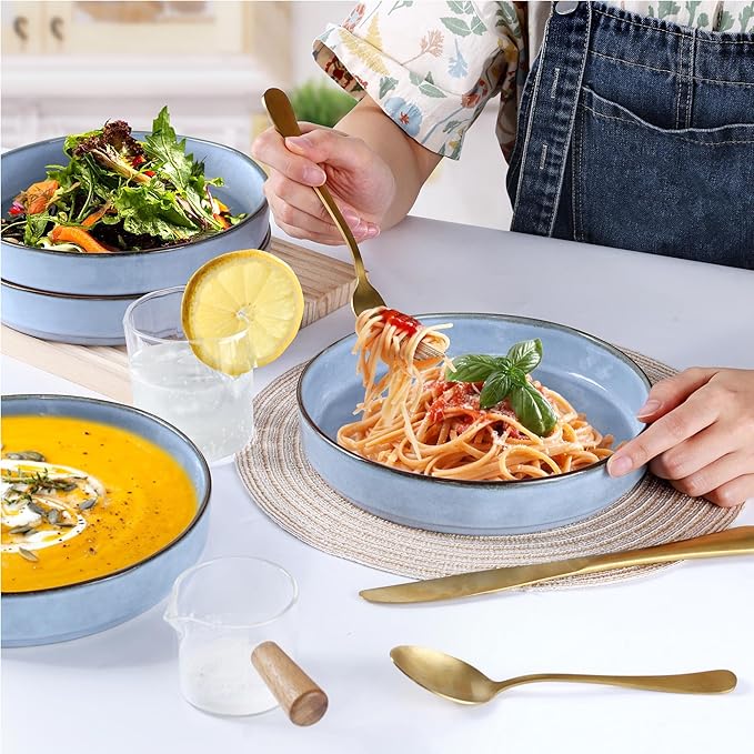 LIANYU 16-Piece Dinnerware Set Stoneware Dishes Ceramic Plates and Bowls Microwave &amp Dishwasher Safe Serenity Blue