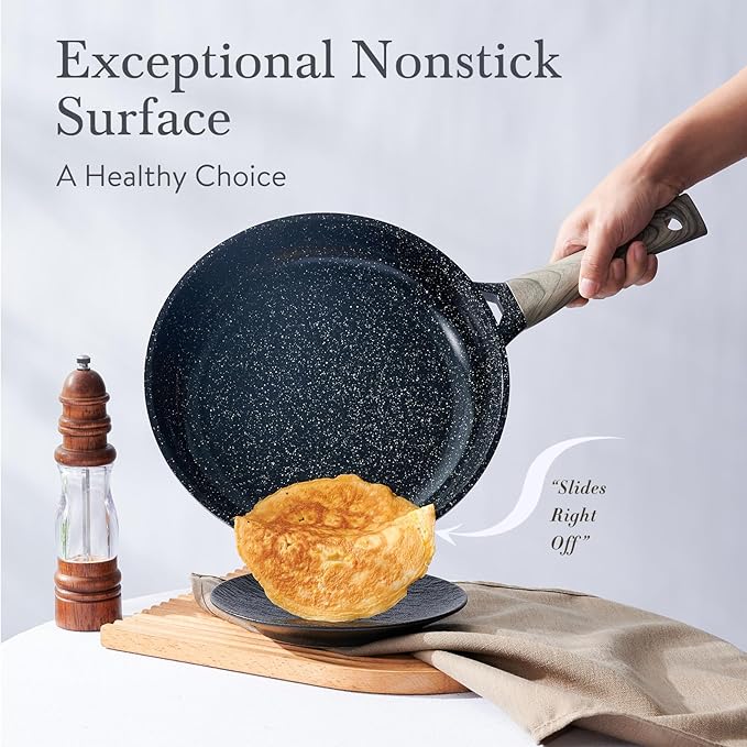 Ceramic Cookware Set 22 Piece Nonstick Pots and Pans Set Non Stick Kitchen Cooking Sets 8Frying Pans with LidBlack Granite Non-Toxic Induction Kitchen Cookware w/Glass Lids PFOS/PFOA-Free