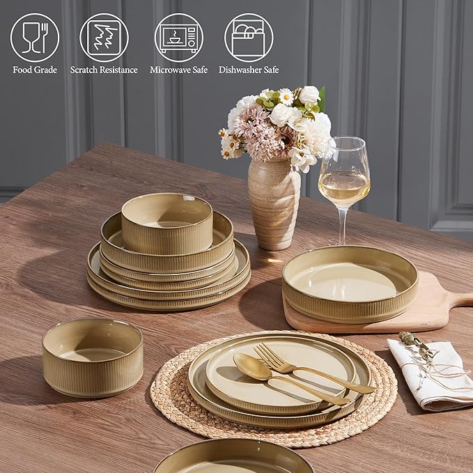 E-far 16 Piece Dinnerware Sets Plates and Bowls with Pasta Bowls Service for 4 Modern Stoneware Ribbed Dishes for Kitchen Dining Microwave &amp Dishwasher Safe Caramel Khaki
