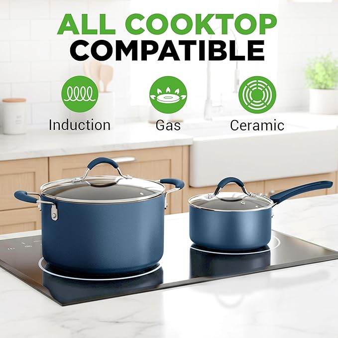 NutriChef Professional 20 Pc Pots and Pans Set Non Stick in Navy Blue - Includes Bakeware &amp Utensils Induction Ready Easy Clean