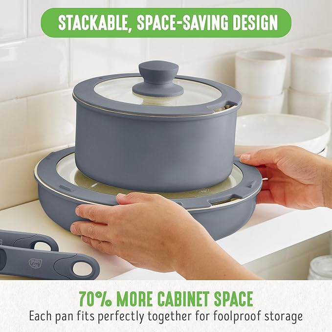 GreenLife 10 Piece Nonstick Pots &amp Pans Set Detachable Handle &amp Stackable Cookware Set Non Toxic PFAS-Free Skillets Induction Kitchen Pans Space Saving Serving Bowls Oven Safe Graphite