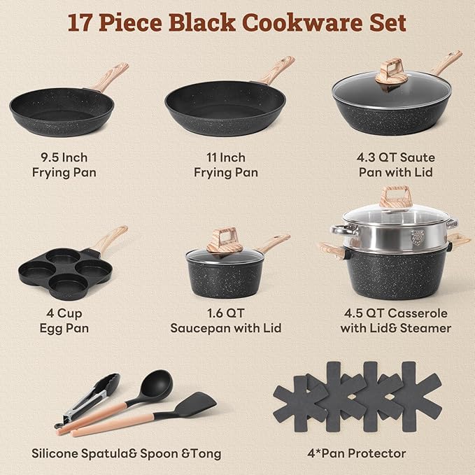 17 Pcs Pots and Pans Set Non Stick Kitchen Cookware Sets Nonstick Induction Cookware Non-toxic Black Granite Cooking Tools with Stay-Cool Handles Pot Protectors (PFOS/PFOA Free)