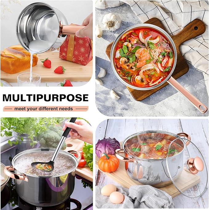 Walchoice 8-Piece Stainless Steel Cookware Set Kitchen Pots and Pans Set with Glass Lid for Cooking Kitchen Cookware Set with Utensils Induction &amp Dishwasher Safe Copper
