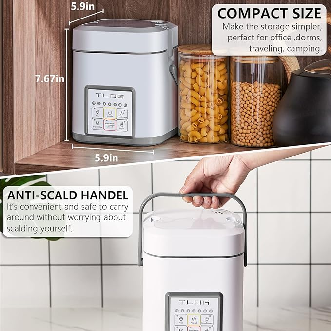 TLOG Mini Rice Cooker 2.5 Cups Uncooked Healthy Ceramic Coating Portable Cooker 1.2L Travel Small for 1-3 People Personal maker Food Steamer 12 Hours delay timer Multi-cooker Grains Oats