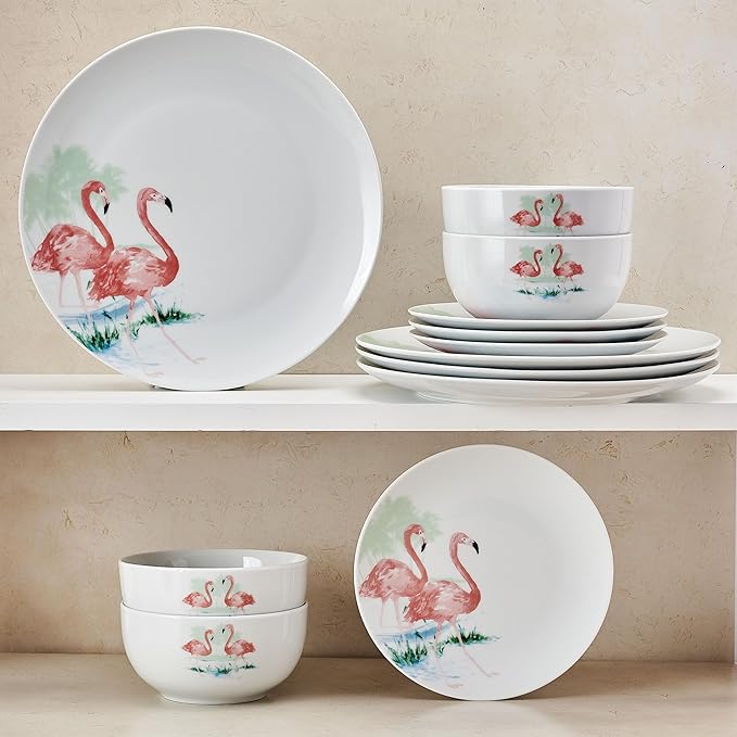 Studio Nova Flamingo Haven Tropical 12 Piece Dinnerware Plate Bowl Set Service for 4