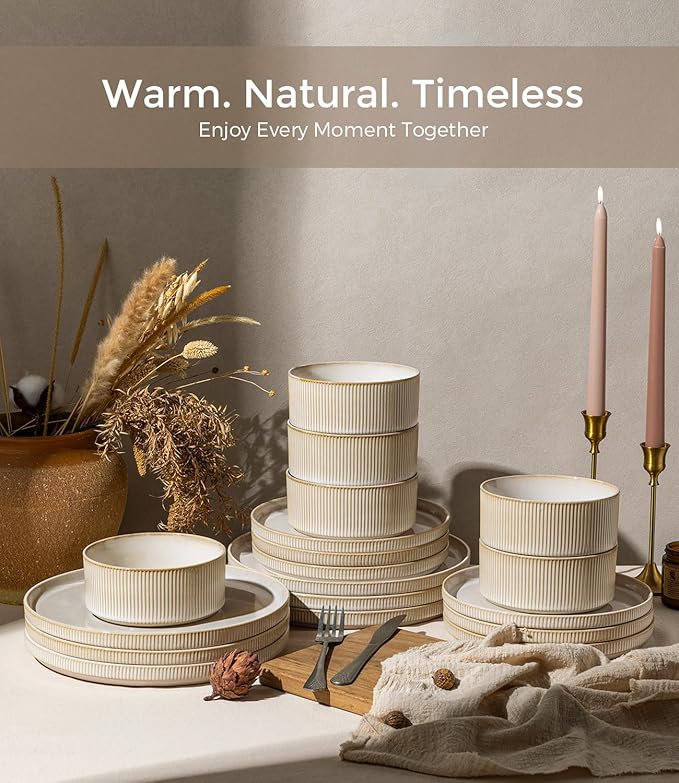 GBHOME 12-Piece Stoneware Dinnerware Set for 4 – Ribbed Ceramic Plates and Bowls Scratch-Resistant Microwave &amp Dishwasher Safe Reactive Glaze Oatmeal Veil