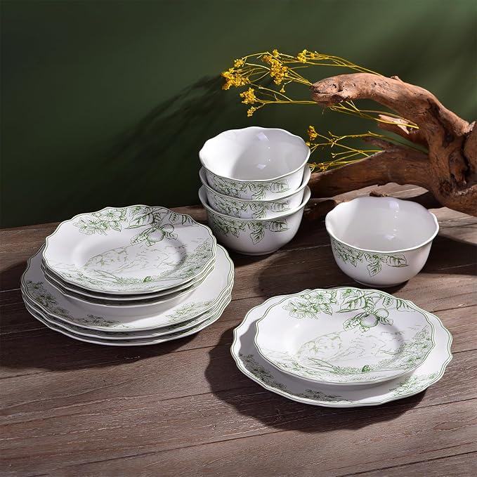 222 Fifth 12-Piece Porcelain Dinnerware Set for 4 Elegant Floral Plates and Bowls Sets-White/Green Ceramic Dishes Chip Resistant Kitchen &amp Dining Dish Set Microwave &amp Dishwasher Safe Hudso