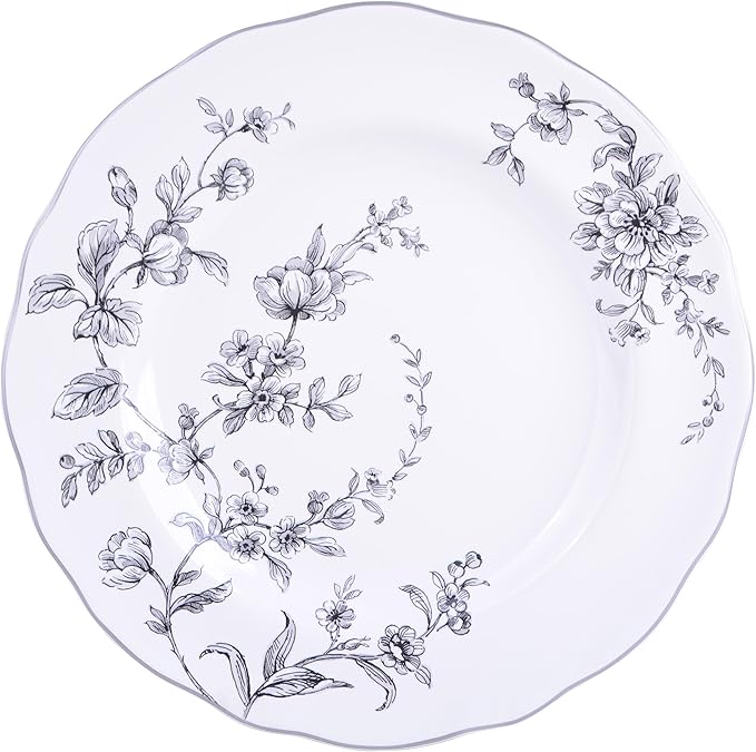 222 Fifth 12-Piece Porcelain Dinnerware Set for 4 White &amp Black Plates and Bowls Set Glossy Ceramic Dish Set with Delicate Floral Design Elegant Kitchen Dishes Microwave &amp Dishwasher Safe