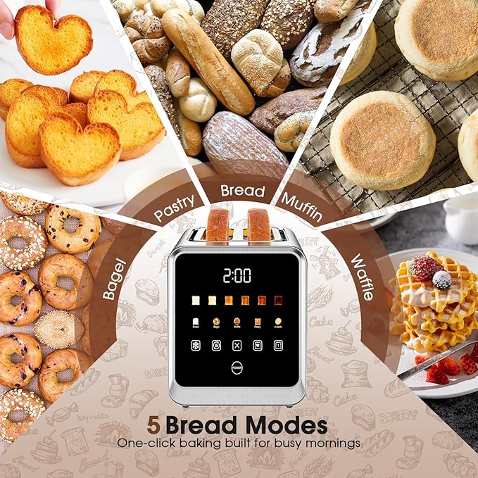 Touch Screen Toaster 2 Slice Stainless Steel Smart Digital Toasters with Single Slot Toasting Memory Function 5 Bread Types &amp 6 Shade Settings1.5 Wide Slot 900W