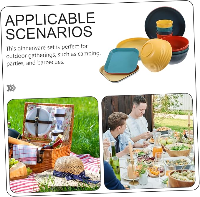 Cabilock Camping Bowl and Utensil Set Unbreakable Dinnerware Set Square Plates Bowls for Outdoor Gatherings Parties Bbq