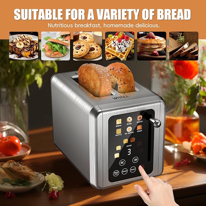 WHALL® Touch Screen Toaster 2 Slice Stainless Steel Digital Timer Toaster 6 Bread Types &amp 6 Shade Settings Smart Extra Wide Slots Toasters With Bagel Cancel Defrost Functions