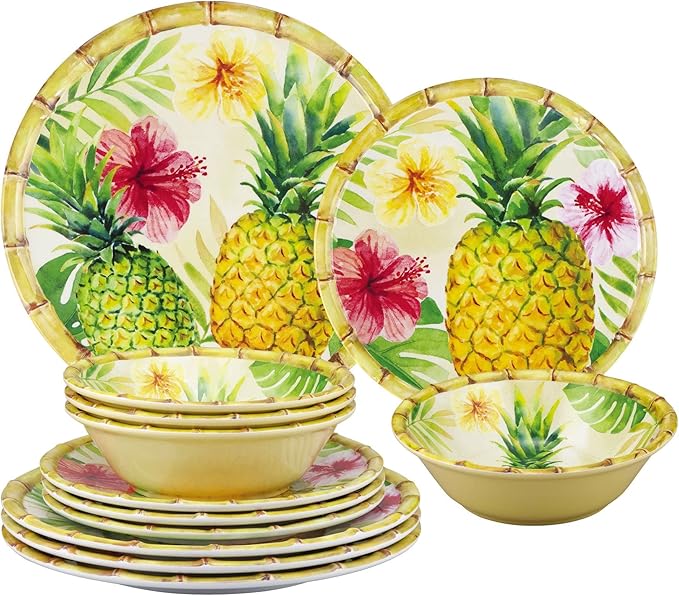 UPware 12 Piece Pineapple Melamine Dinnerware Sets Outdoor Dishes Set Plates and Bowls Sets Service for 4 Multicolor