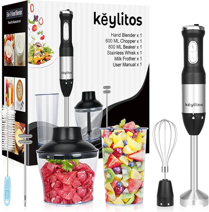 Keylitos 5 in 1 Immersion Hand Blender Mixer [Upgraded] Handheld Stick Blender with 600ML Chopper 800ML Beaker Whisk and Milk Frother for Smoothie Baby Food Sauces RedPuree Soup (Black)