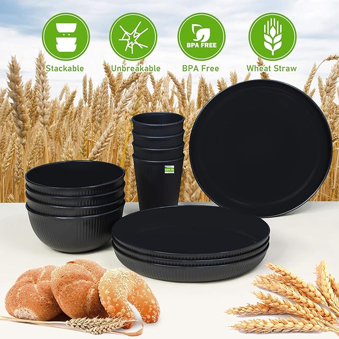 Wheat Straw Dinnerware Sets Kitchen Unbreakable Wheat Straw Plates and Bowls Sets for College Dorm Apartment Reusable Black 12pcs