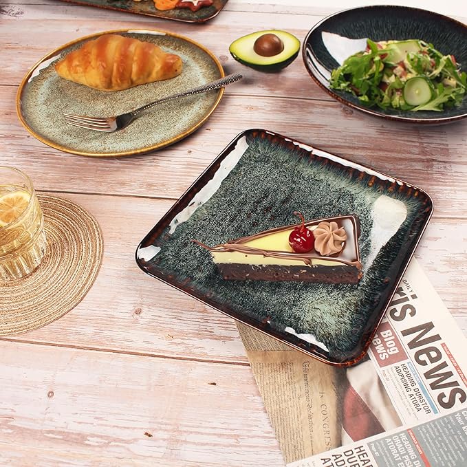 Ceramic Dinner Plates Dish Set Set of 4 Microwave Oven and Dishwasher Safe Scratch Resistant Dinnerware Kitchen Porcelain Serving Dishes 9 inch Square plate