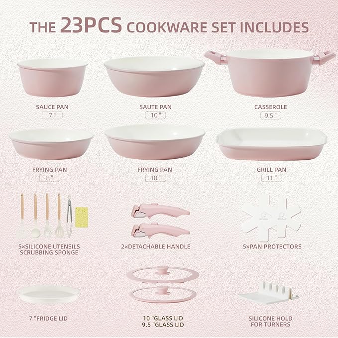 23pcs Ceramic Pots and Pans Set Nonstick Detachable Handle Cookware Induction Kitchen Cooking Set with Removable Handleinclude Frying Pans &amp Saucepans Oven Safe(Pink)