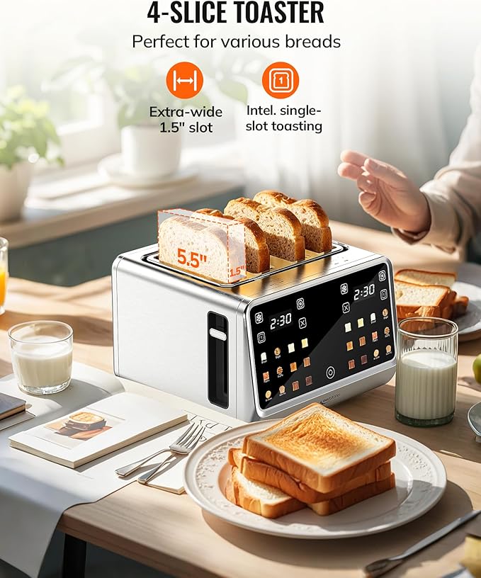 Toaster 4 Slice with TouchScreen Memory Function &amp Single-Slot Focus Keenstone 1800W Smart Digital Toaster for Ultimate Control Wide Slot to Reheat &amp Defrost Bagels Bread Waffles Stainle
