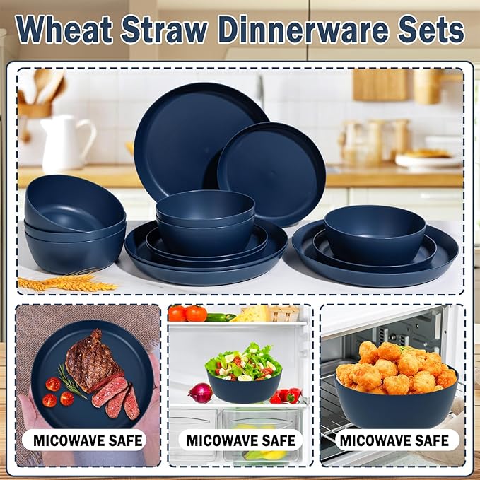 EI 12pcs Dark Blue Wheat Straw Dinnerware SetWheat Straw PlatesPlastic Plates ReusablePlate and Bowls SetsUnbreakable Plastic Plate for Dinner CampingPicnic
