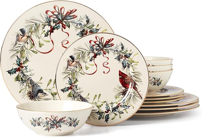 Lenox 894540 Winter Greetings 12-Piece Dinnerware Set Red &amp Green 12 Count Christmas Holiday Hosting