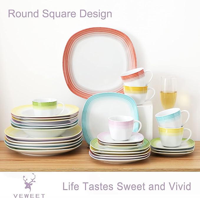 VEWEET Spark Series 30-Piece Dinner Set Ivory White China Ceramic Dinner Combi-Set with Dessert Plates/Soup Plates/Dinner Plates/Cups/Saucers Service for 6