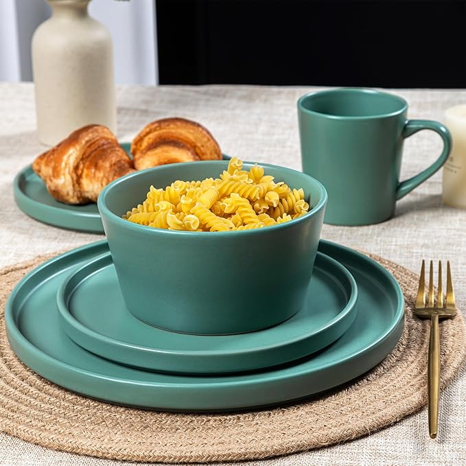 Plates and Bowls Sets for 4 - CJDC-QUELO 16 Piece Stoneware Dinnerware Sets with Mugs Ceramic Dishware Sets for Kitchen Dining Use Chip and Scratch Resistant Microwave Dishwasher Safe Green
