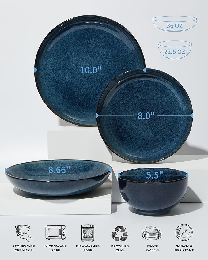 24 Piece Double Bowl Dinnerware Sets with Pasta Bowls Highly Chip and Crack Resistant Plates and Bowls Sets Natural Earthyware Ceramic Dishware Sets Service for 6 Starry Blue