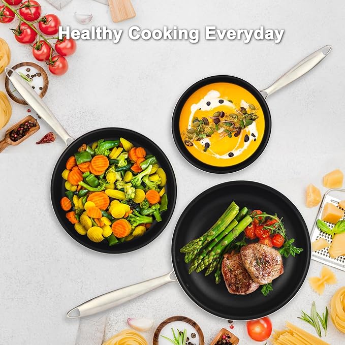 5PC Induction Cookware Set with Tempered Glass Lids Ultra Nonstick Pots and Pans Set with Stainless Steel Handle Oven Safe and Dishwasher Safe Non Toxic &amp Granite Cooking Set Black