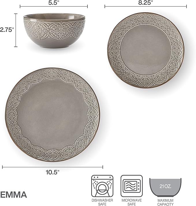 Pfaltzgraff Emma 12 Piece Dinnerware Set Service For 4 Gray