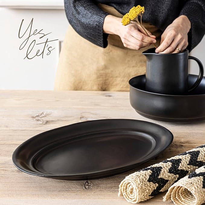 over&ampback Rim Stoneware Serving Platter - Elegant 1-Piece Oval Serving Platter to Complete Your Kitchen Set - 16 L x 10.8 W Semi-Matte Black