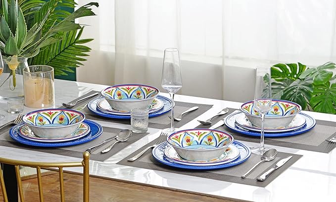 Melamine Dinnerware Sets 12Pcs Durable Plates and Bowls for 4 Lightweight Dishes Dinnerware Sets for Indoor and Outdoor Use Dishwasher Safe BPA free (Retro Style)