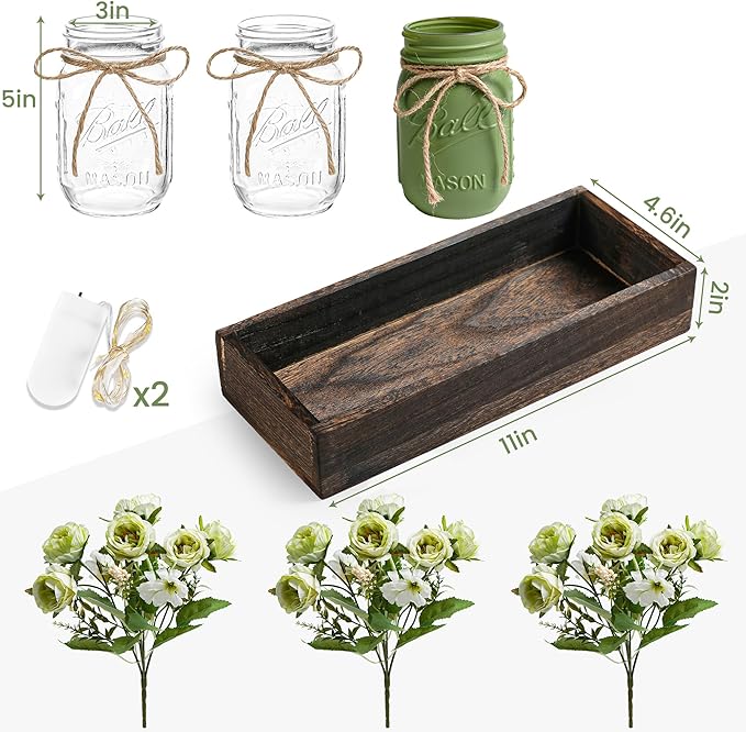 3 Pcs Mason Jar Centerpiece Table Decorations for Dining Farmhouse Coffee Table Decor with Wood Tray and Led Light Table Centerpieces for Dining room Kitchen Living BathroomGreen