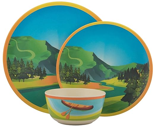 Melange 36-Piece Bamboo Dinnerware Set (Camp Mountains) | Shatter-Proof and Chip-Resistant Bamboo Plates and Bowls | | Dinner Plate Salad Plate &amp Soup Bowl (12 Each)