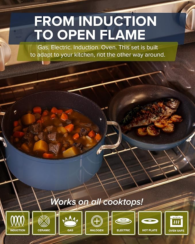 Nuwave Healthy G11-Pots and Pans Set Non Stick 9H Near-Diamond Hardness Scratch-Resistant Works on All Stovetops PFAS Free with Frying Pans Saucepans &amp Glass Lids Stay-Cool Handles Deep Blu