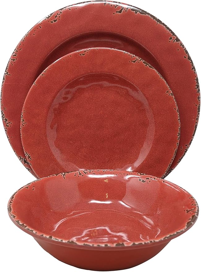 Gianna's Home 12 Piece Rustic Farmhouse Melamine Dinnerware Set Service for 4 (Red)