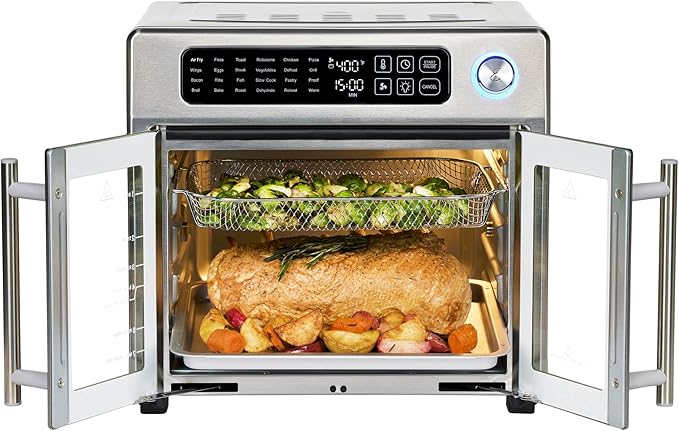 Emeril Lagasse Extra Large French Door Air Fryer Toaster Oven Combo 24 Cooking Functions and Digital Controls 7 Accessories Included Stainless Steel Finish 26QT Capacity