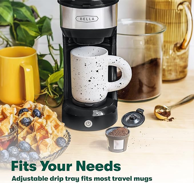 BELLA Dual Brew Single Serve Coffee Maker Brews both Kcup and Ground Coffee Large 14oz Capacity Easy One Touch Auto Shutoff Black